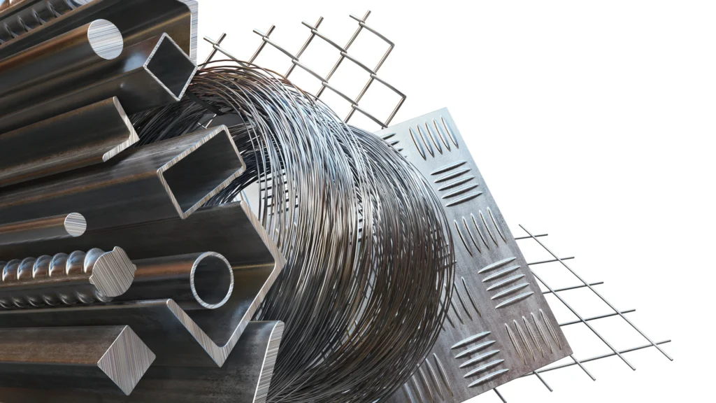 Various metal rods, tubes, wire coil, and textured metal sheets displayed together