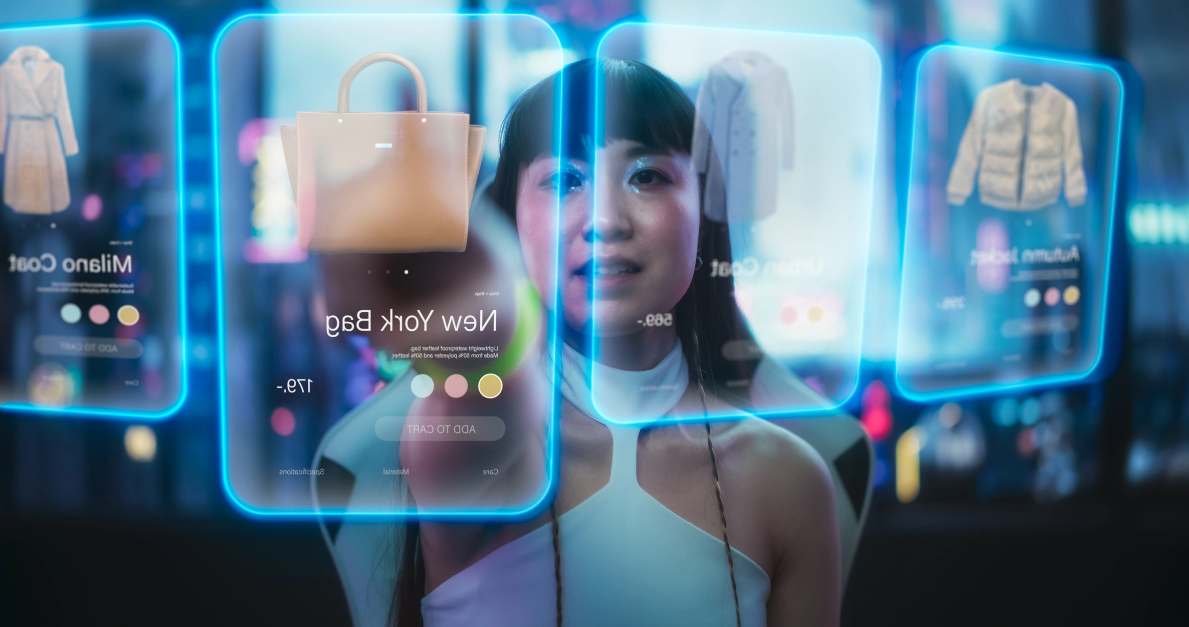Person interacting with holographic fashion shopping interfaces